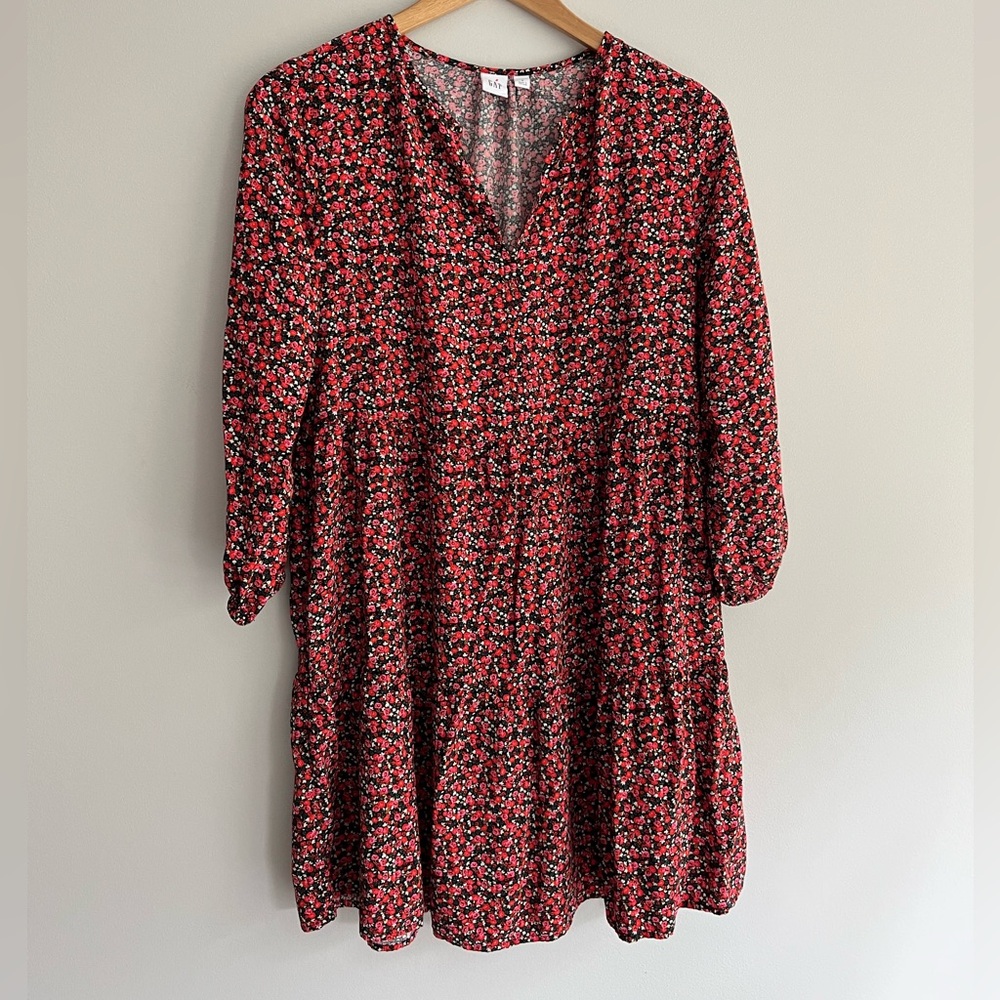 GAP Vibrant Red and Pink Floral 3/4 Sleeve Dress size Small